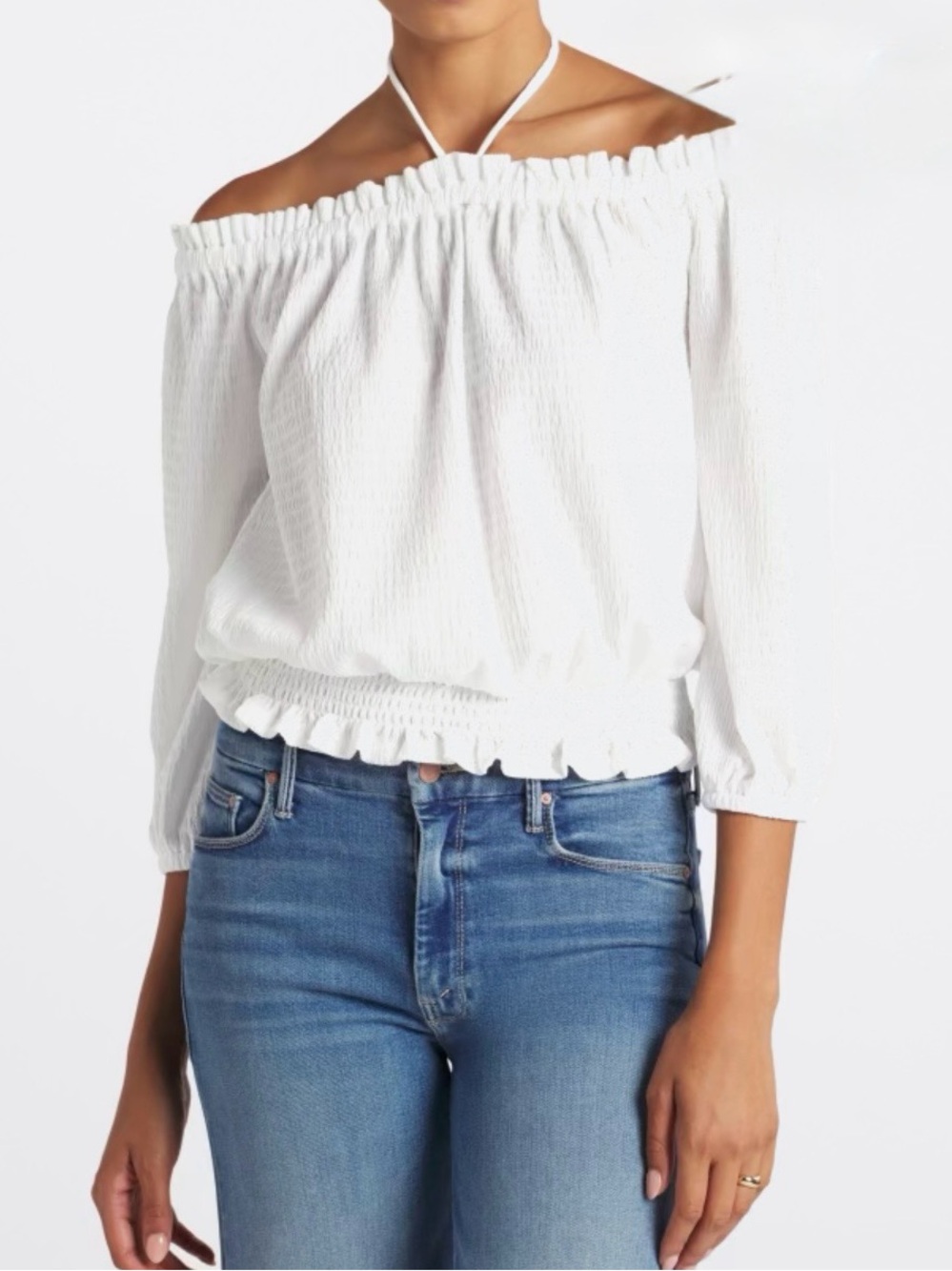 MICHAEL KORS White Smocked Off the Shoulder Lightweight Texture Peasant Blouse S